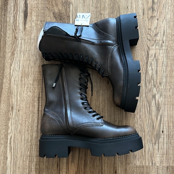 NEW! Zara Brown Distressed Laced Lug Sole Ankle Boots - Picture 9 of 10